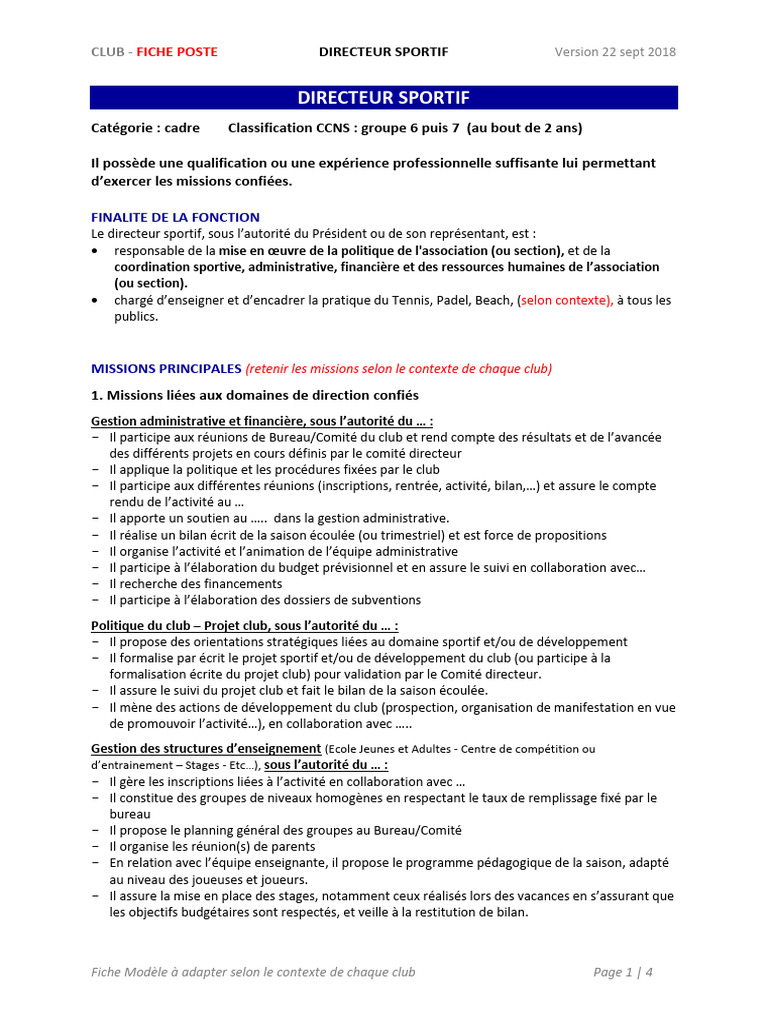 Fiche de Poste : Directeur Sportif | PDF | Gestion des ressources ...