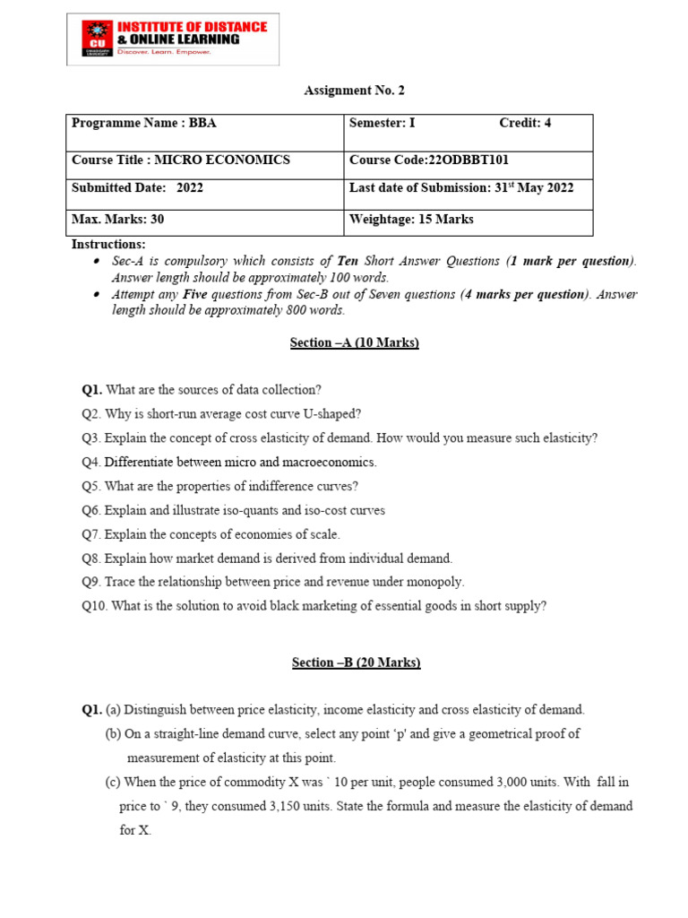 BBA Microeconomics Assignment Guide | PDF | Elasticity (Economics) | Demand