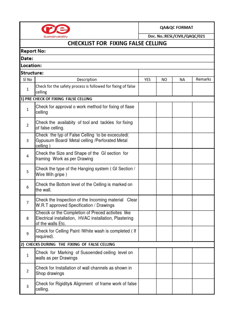 False Ceiling Inspection Checklist | PDF