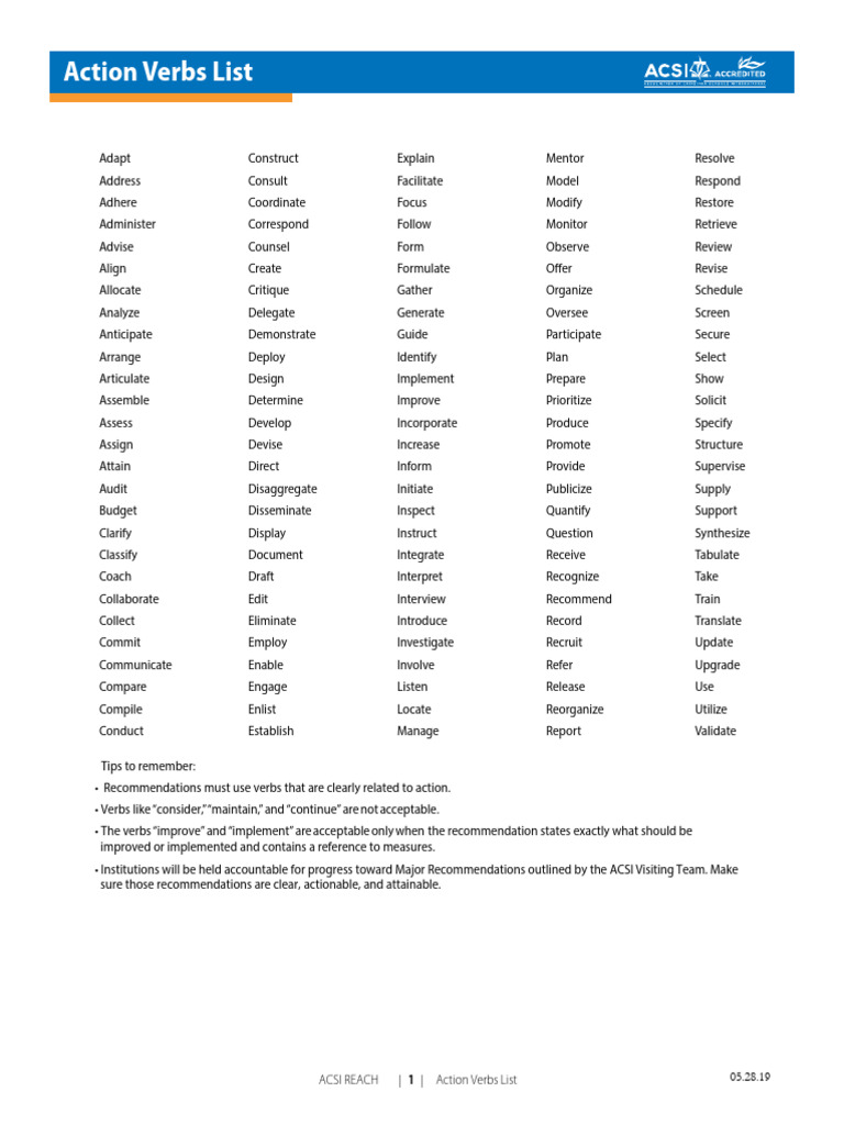 Reach Action Verbs 5-28-19 | PDF | Career & Growth | Computers