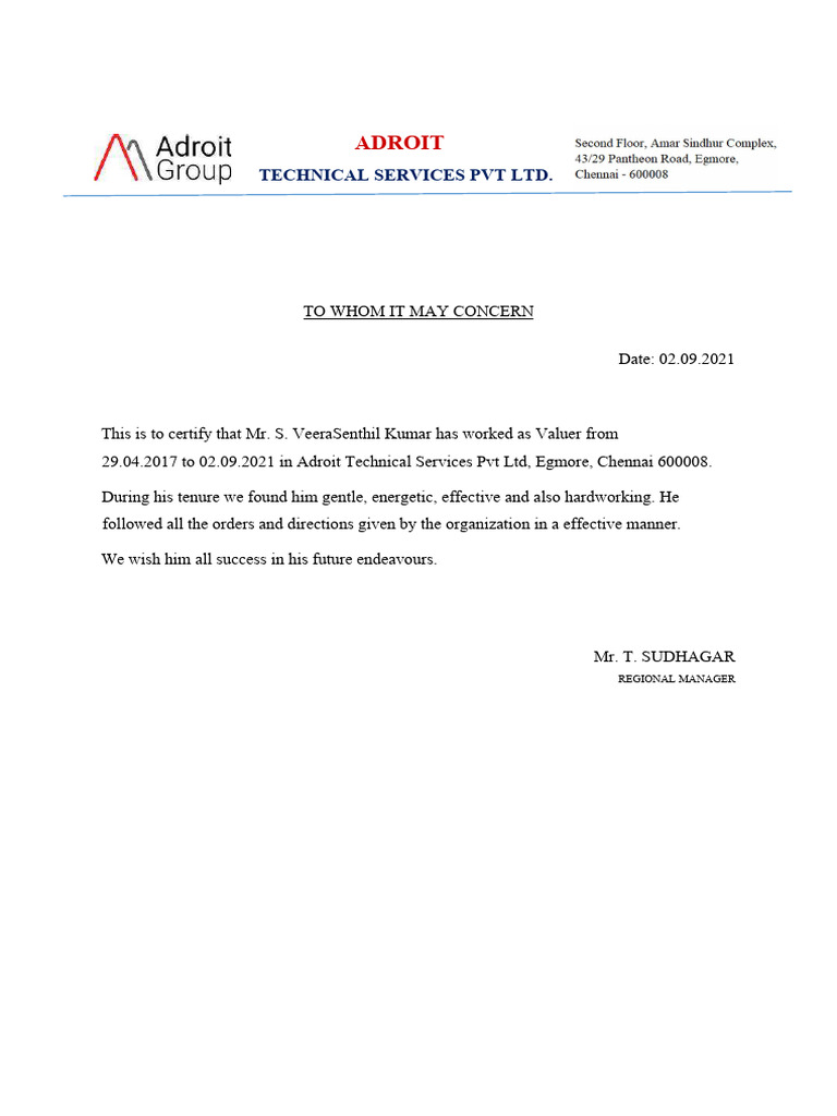 Experience Certificate Veera Pdf