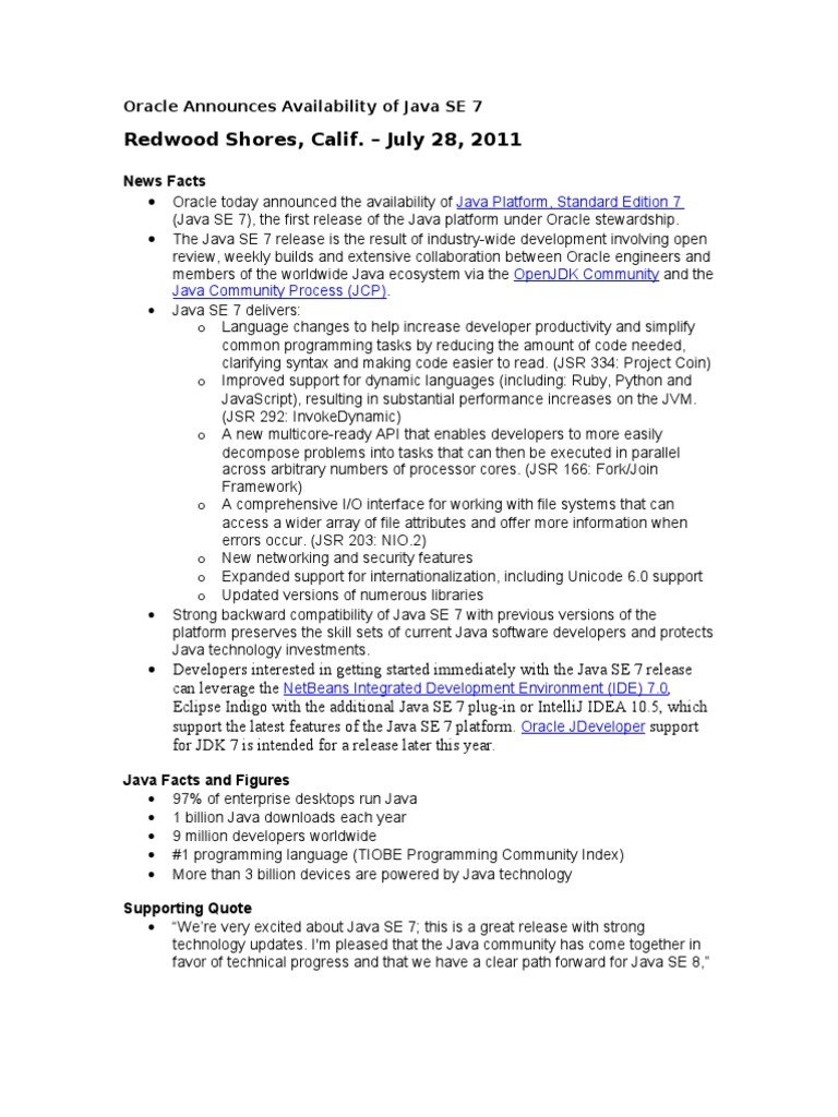 Java SE 7 Release for Developers | PDF | Java Version History | Java ...