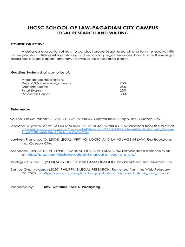 Legal Research and Writing Course Syllabus | PDF | Inference ...