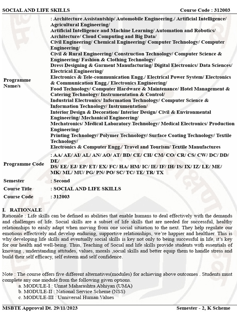 MSBTE Social and Life Skills Manual | PDF | Engineering | Learning