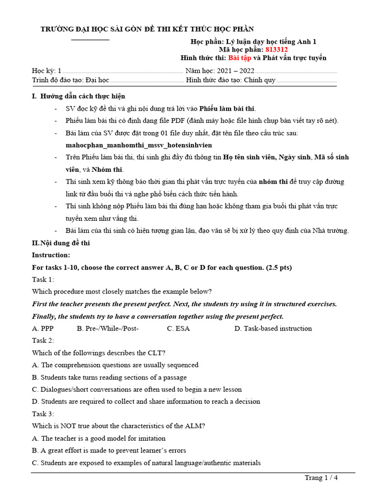 Ly Luan Day Hoc Tieng Anh 1 - de Thi Bai Tap - HK1 2021-2022 | PDF