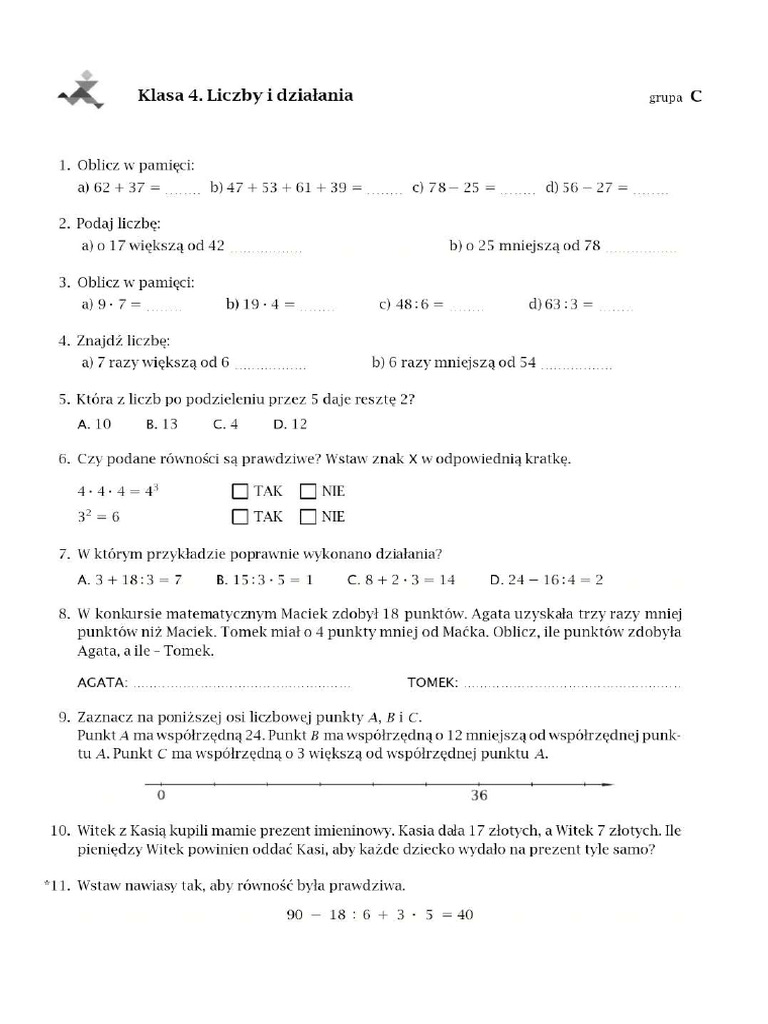 Liczby I Działania Klasa 8 Sprawdzian Z Odpowiedziami Klasa 4 - Liczby I Działania Sprawdzian | PDF