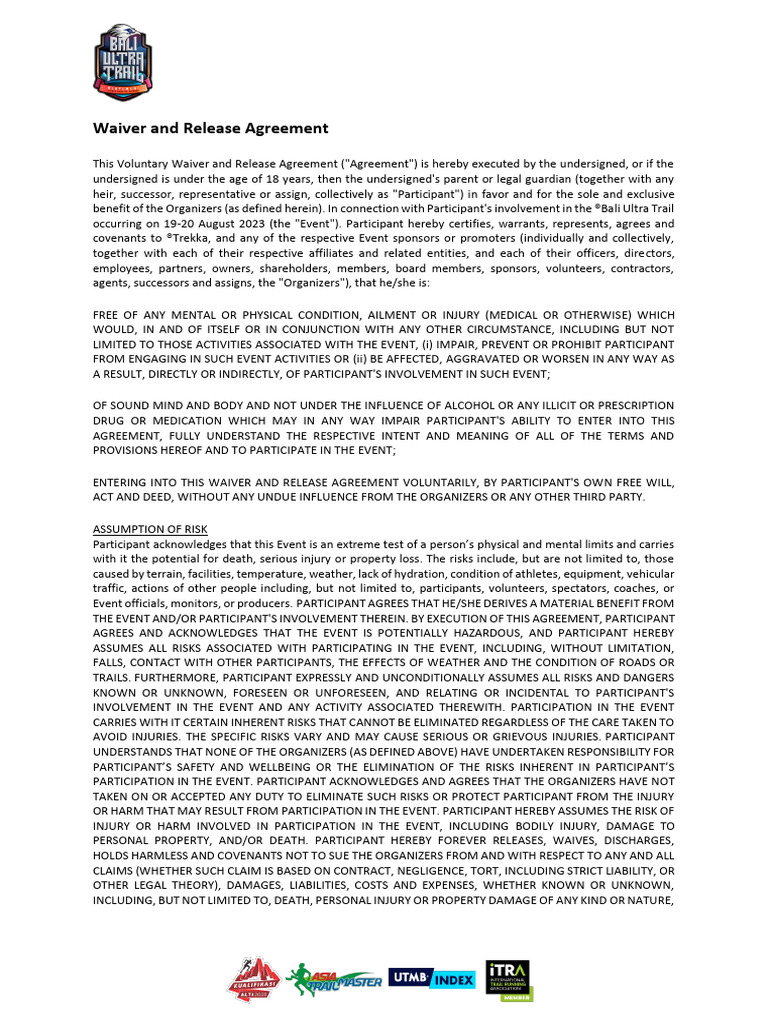 CTH Waiver & Release Liability - Bali Ultra Trail | PDF | Indemnity | Tort