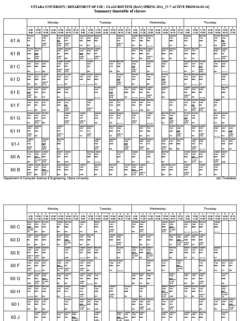 Revised BSC Day Batches Class Routine Spring 2024 Release 7 Active From