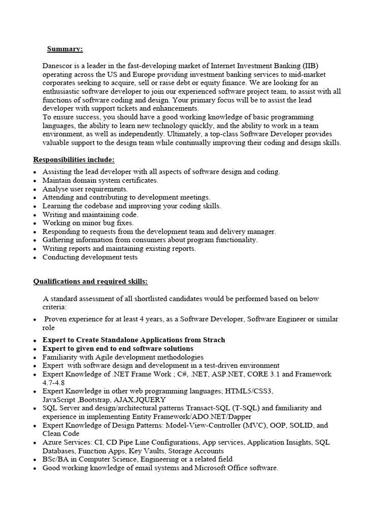 Job Description Software Developer | Download Free PDF | Software