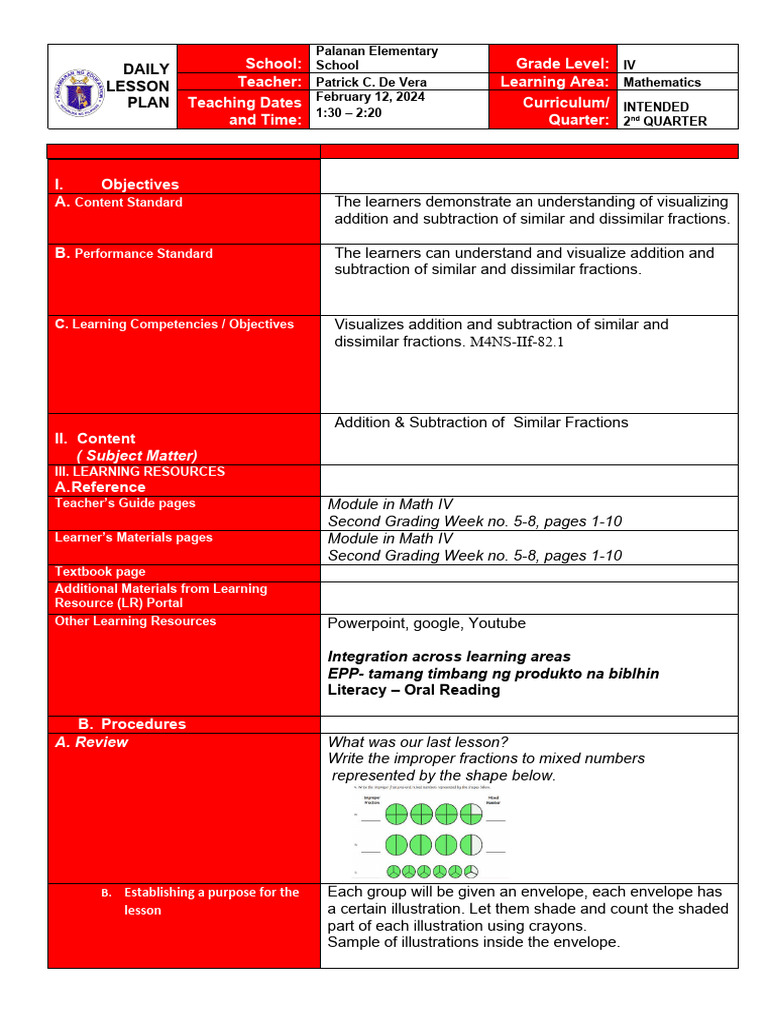 Grade IV Math Lesson: Fractions Addition/Subtraction | PDF | Learning ...
