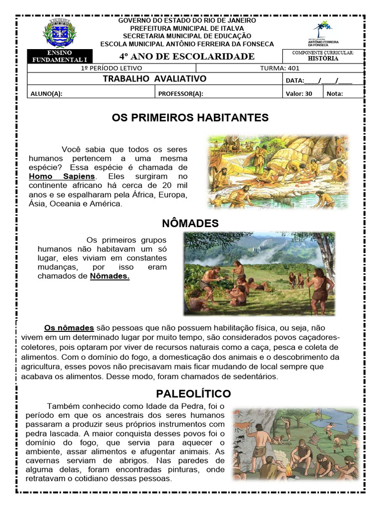 Primeiros Grupos Humanos no 4º Ano | PDF | Humano | Paleolítico