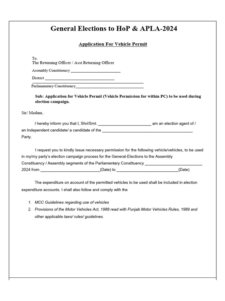 General Elections To Hop & Apla-2024: Application For Vehicle Permit ...