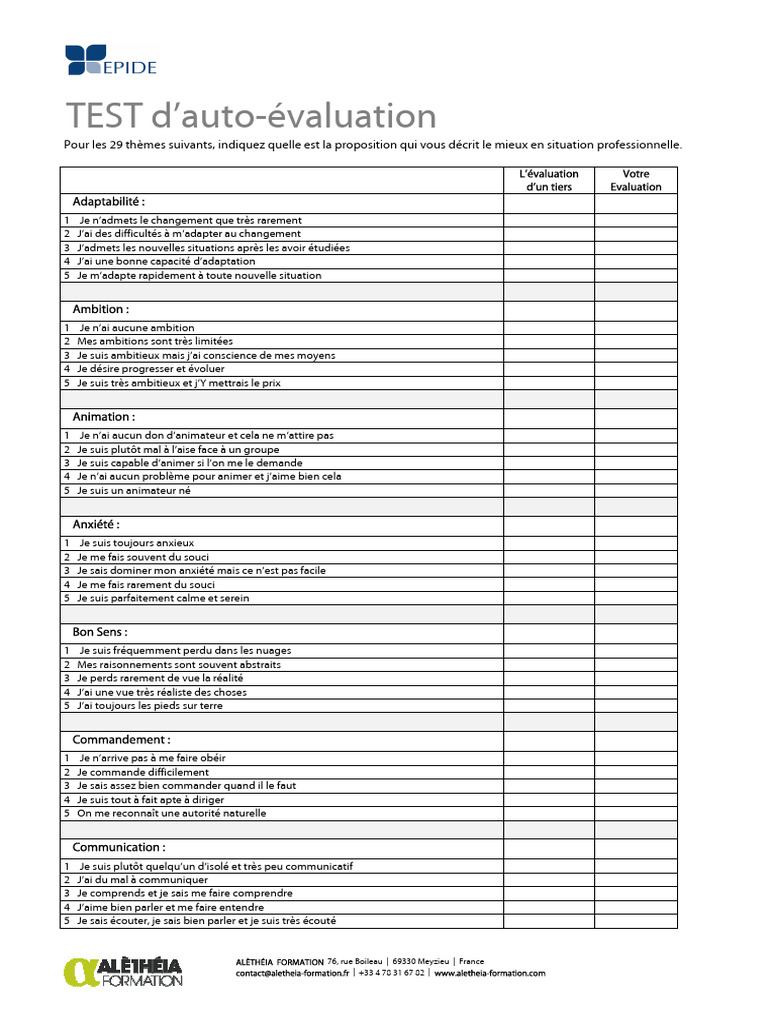 Test d'Auto-Évaluation Professionnelle | PDF | Trouble anxieux