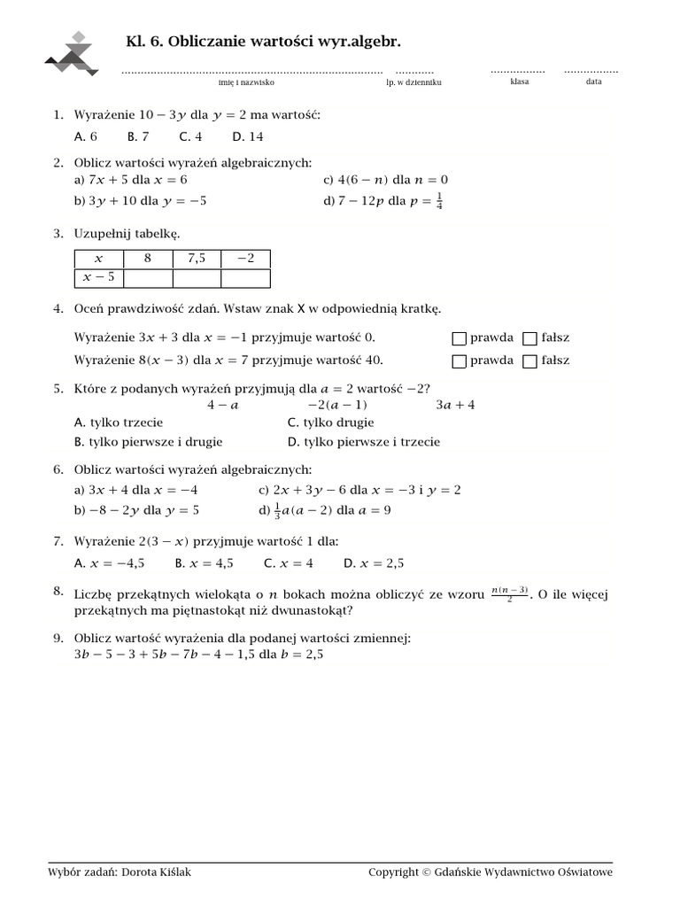 Obliczanie Wartości Wyrażeń Algebraicznych Klasa 6 Kartkówka Klasa 6 - Obliczanie Wartości Wyrazen Algebraicznych | PDF