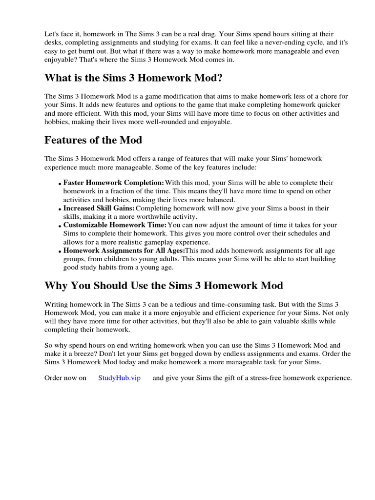 The sims 3 homework mod download free pdf homework