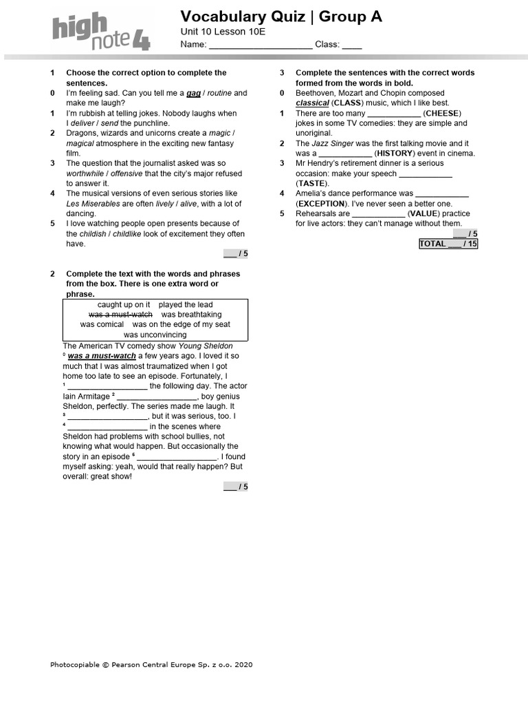 HighNote4 U10E Vocabulary Quiz A | PDF | Language Arts & Discipline