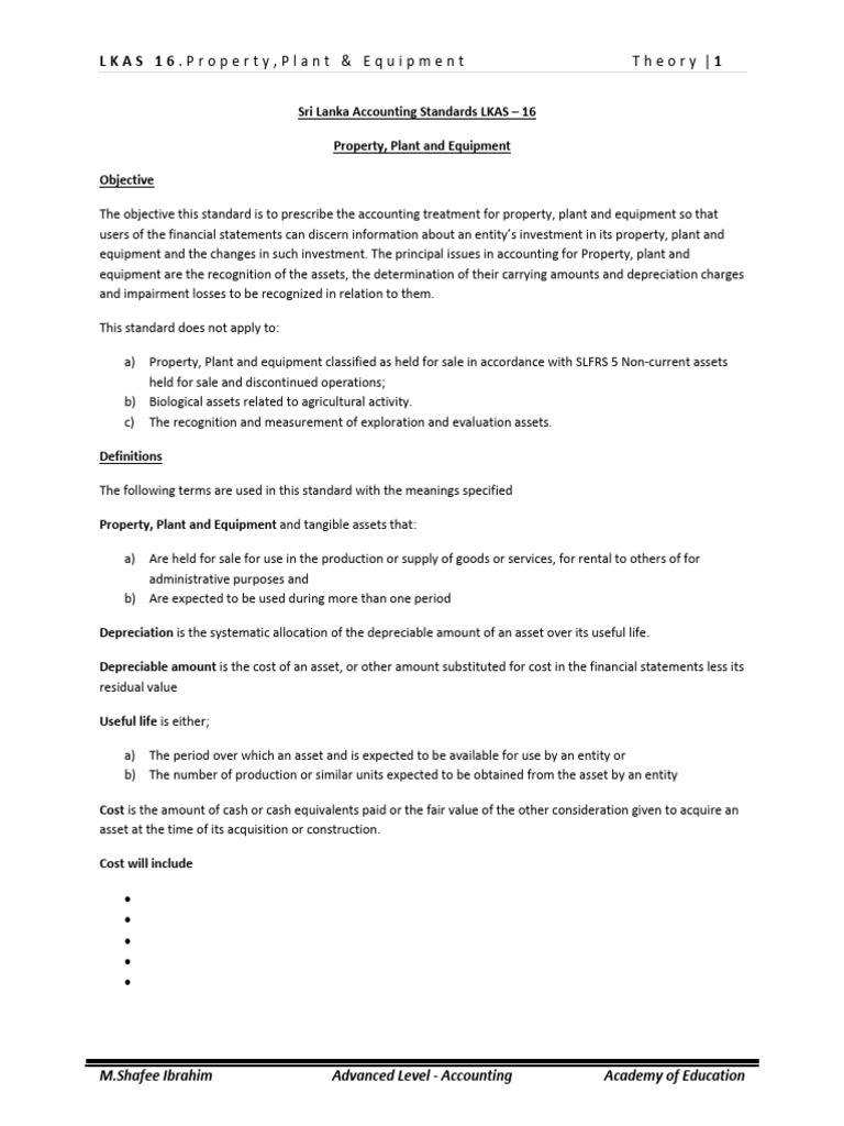 LKAS 16: Property, Plant & Equipment Guide | PDF | Depreciation | Fixed ...