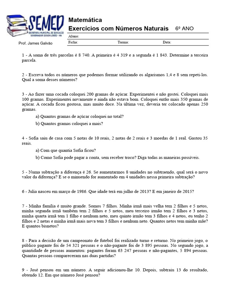 Exercícios Com Cálculo de Números Naturais 6 Ano | PDF