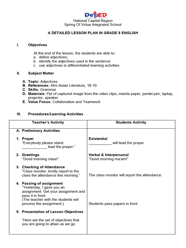 Grade 8 Adjectives Lesson Plan | PDF | Adjective | Linguistics