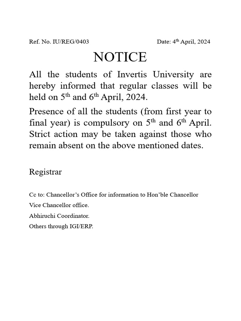 Invertis University Class Notice April 2024 | PDF