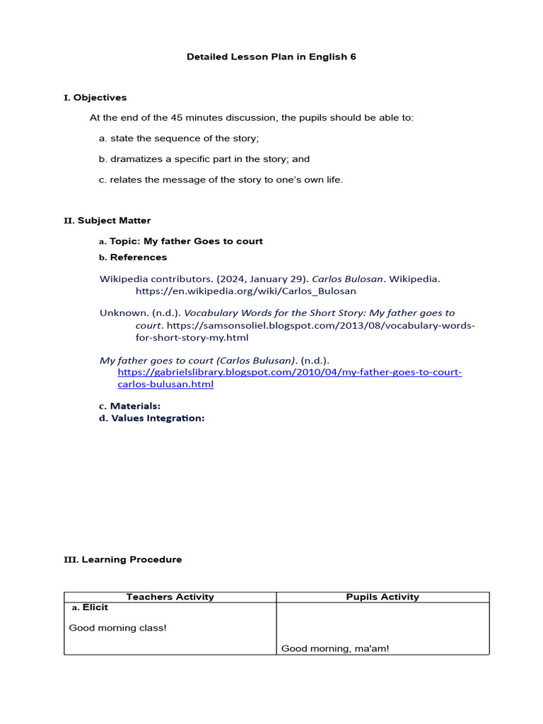 Detailed Lesson Plan in English 6 | PDF | Lord's Prayer