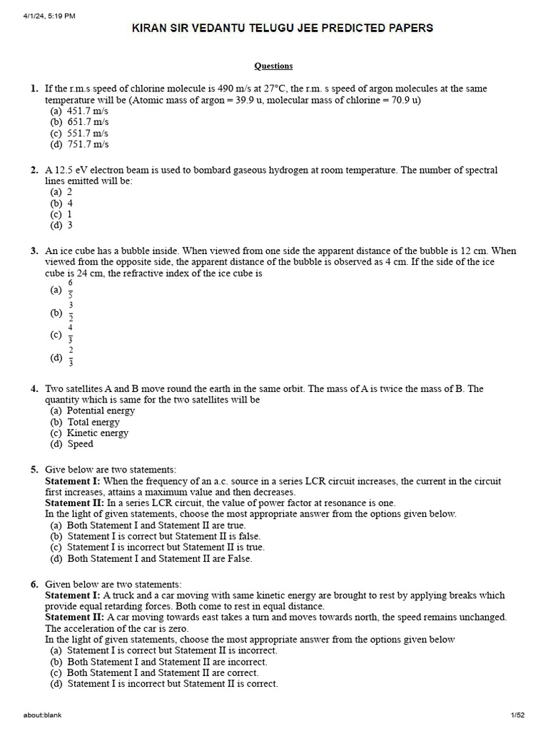JEE Main Physics & Math Practice | PDF | Electron | Chemical Reactions