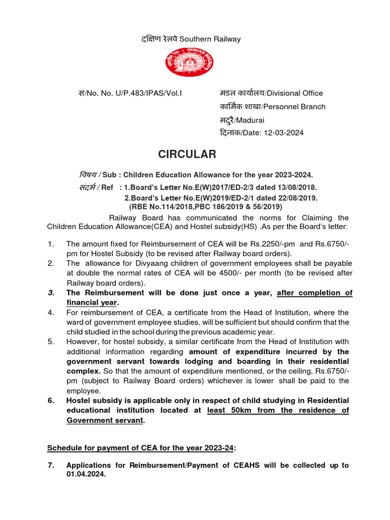 Railway Children Education Allowance 2024 | PDF