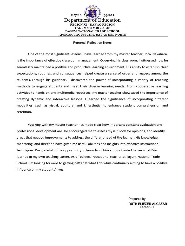 Personal Reflection Notes Alcazar | PDF | Teachers | Learning