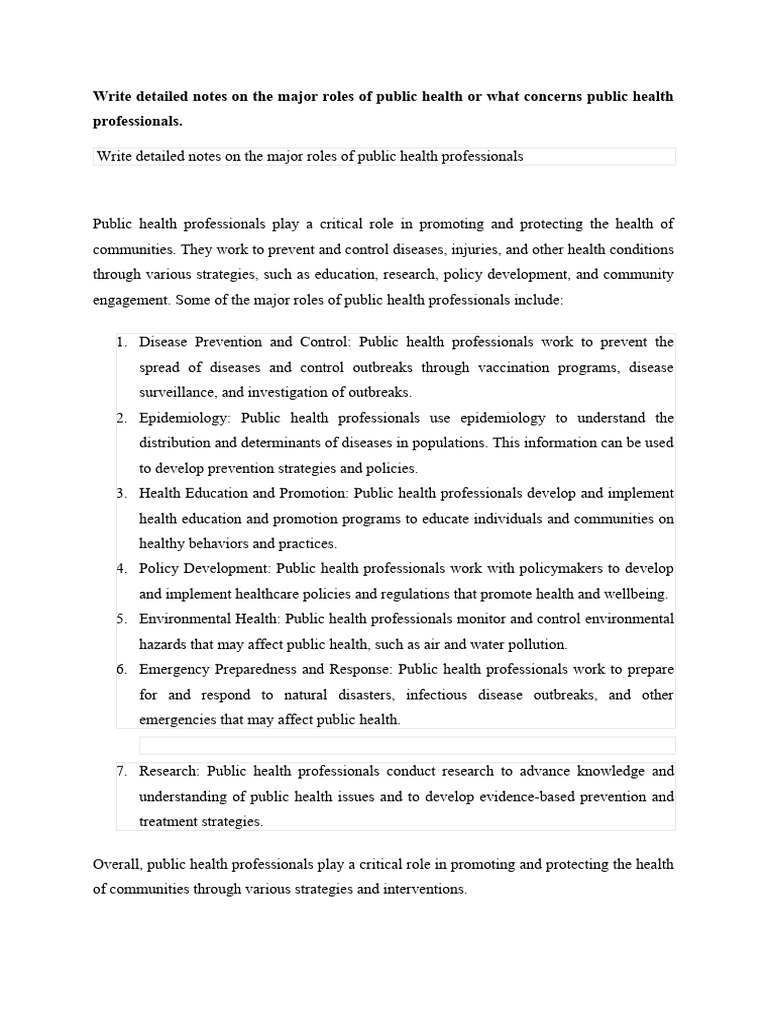 Major Roles of Public Health Professionals | PDF