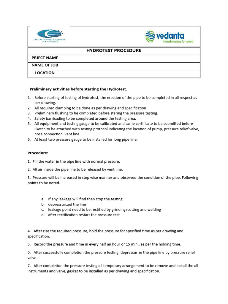 Hydrotest Procedure and Guidelines | PDF