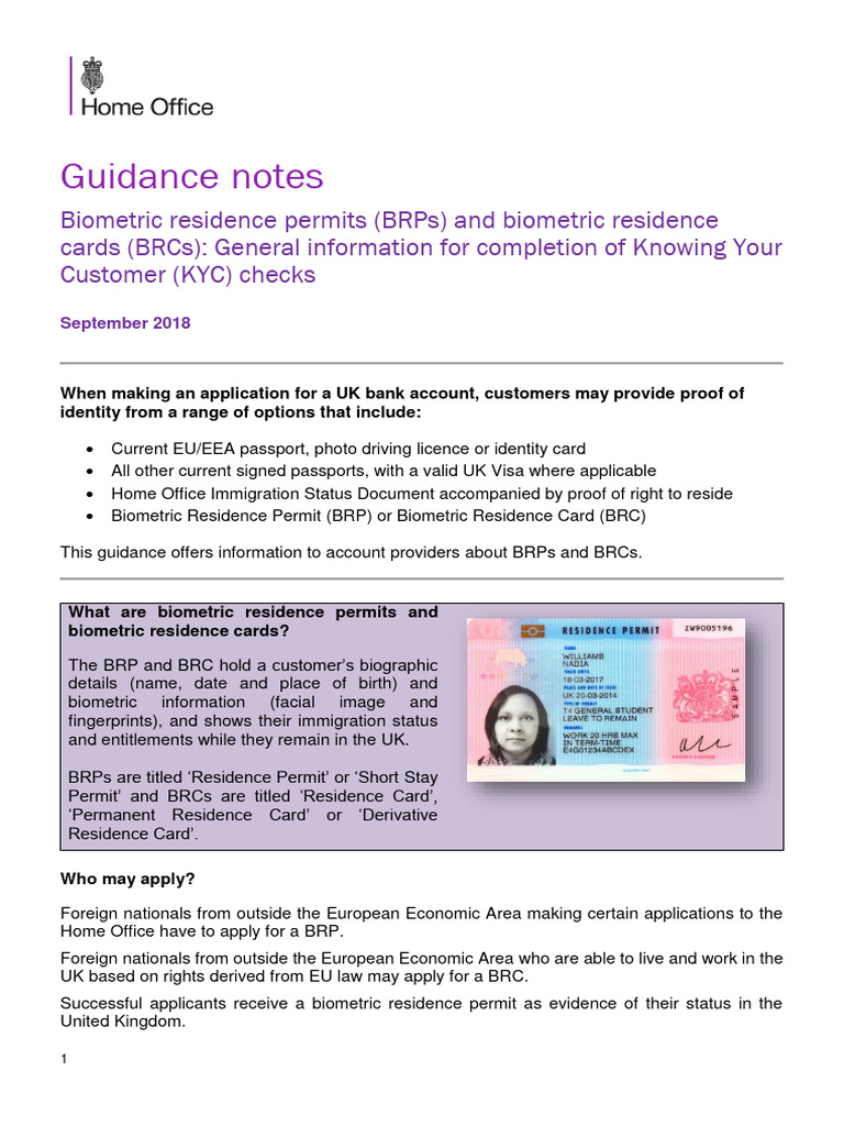 Guidance Notes For KYC - Biometric Residence Docs - September 2018 ...