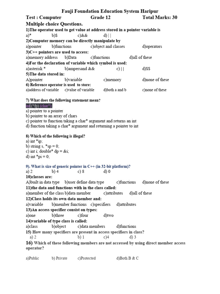Grade 12 C++ Pointers & OOP Quiz | PDF | Method (Computer Programming ...