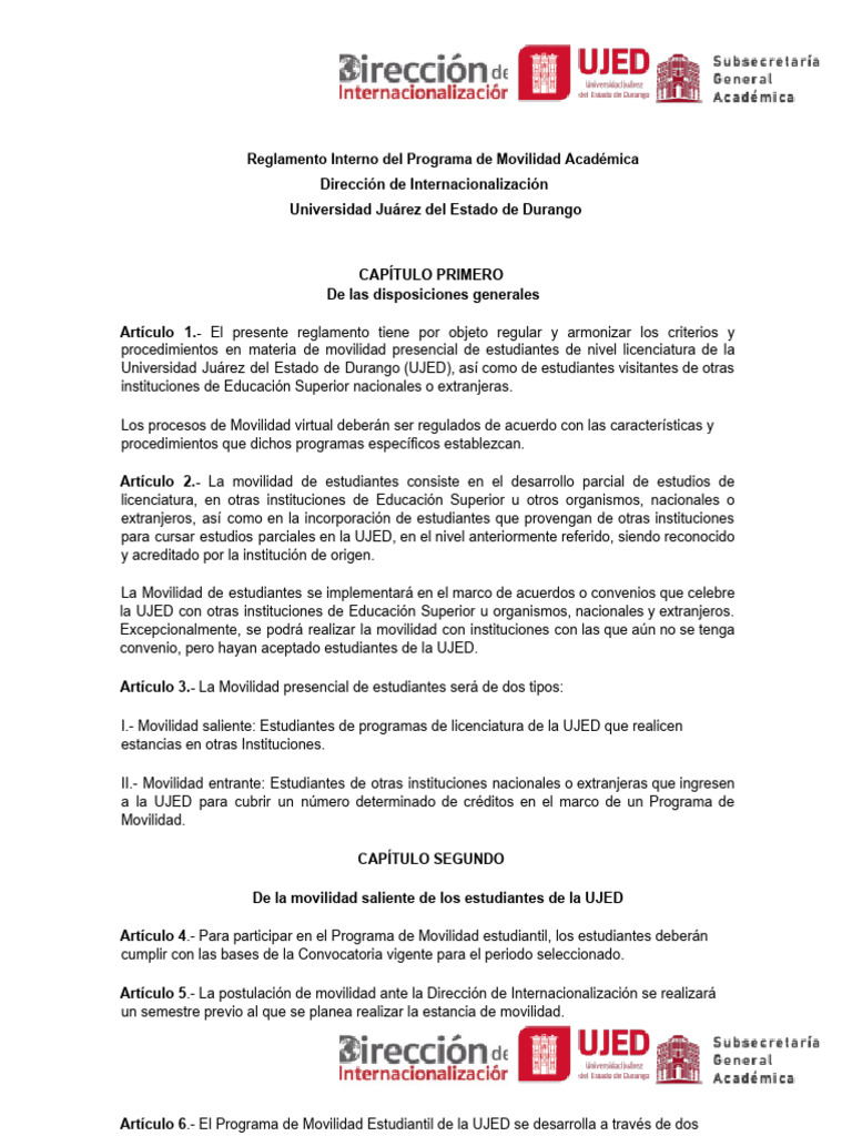 Reglamento Interno Del Programa de Movilidad Académica UJED 2024-B ...