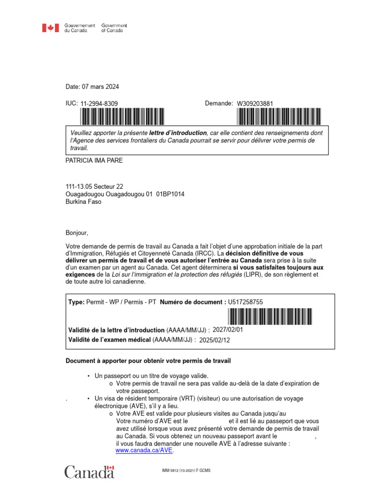 Lettre d'approbation permis de travail Canada | PDF | Passeport
