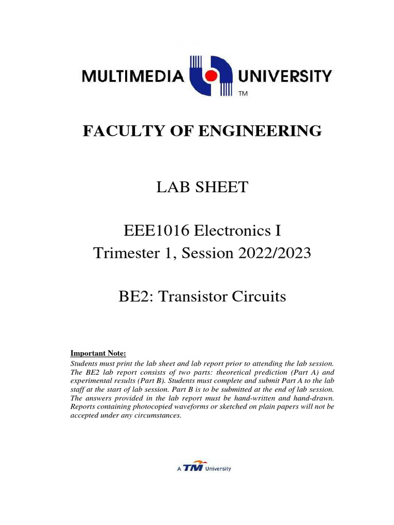 2022 2023 Tri 1 EEE1016 Lab Instruction (BE2) | PDF | Bipolar Junction ...
