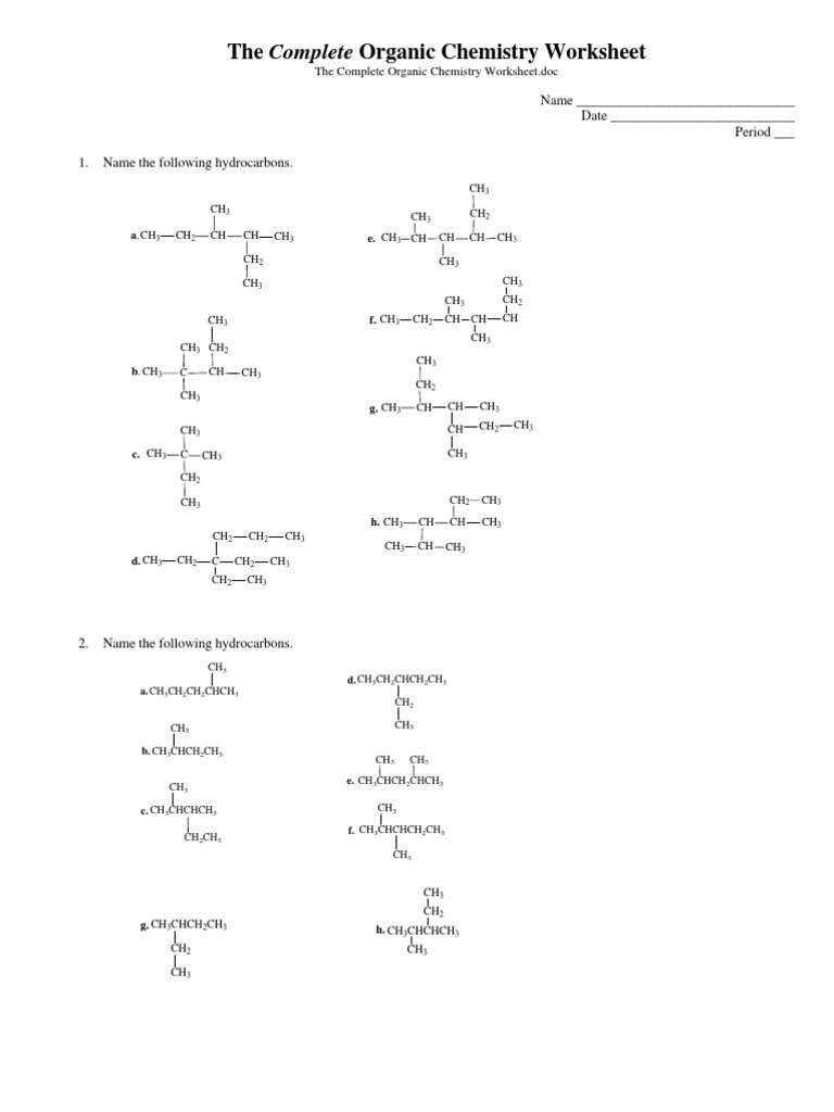 The Complete Organic Chemistry Worksheet Hydrocarbons Organic Compounds