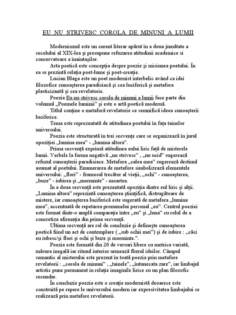 Eu Nu Strivesc Corola de Minuni a Lumii