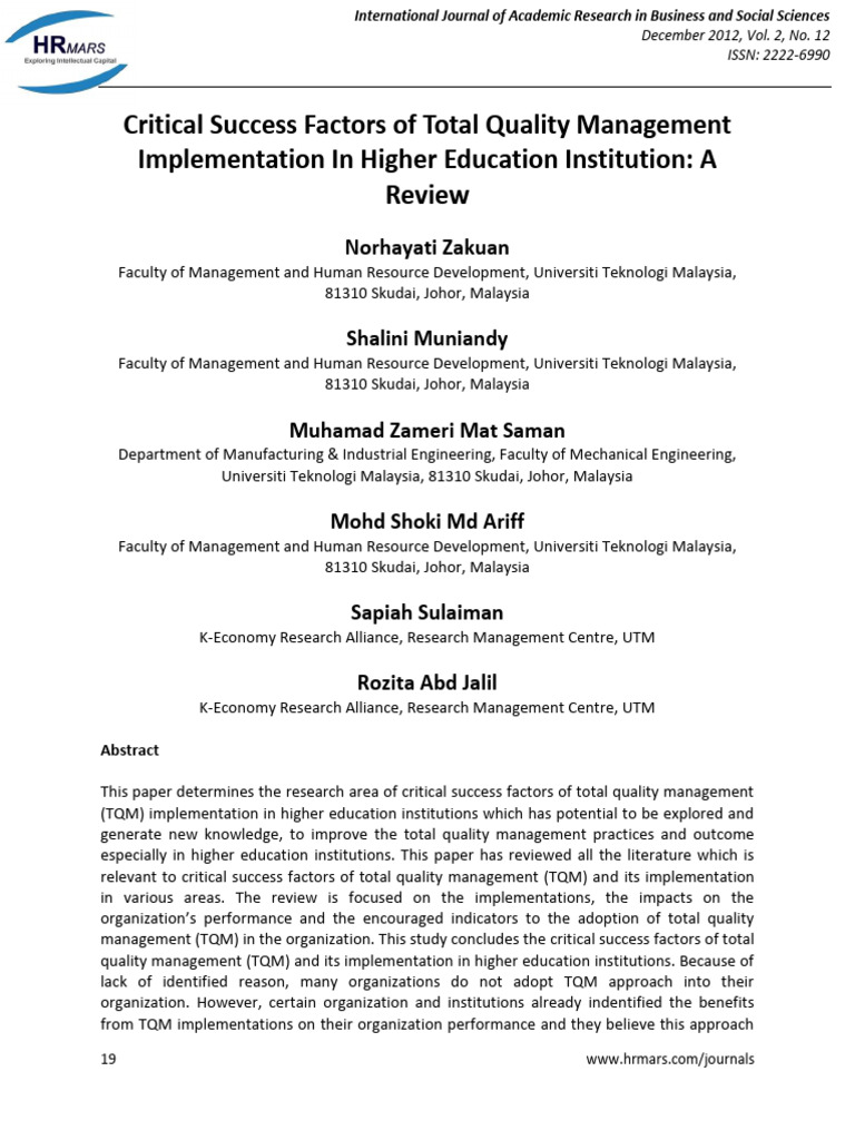 TQM Success Factors in Higher Education | PDF | Leadership | Quality ...