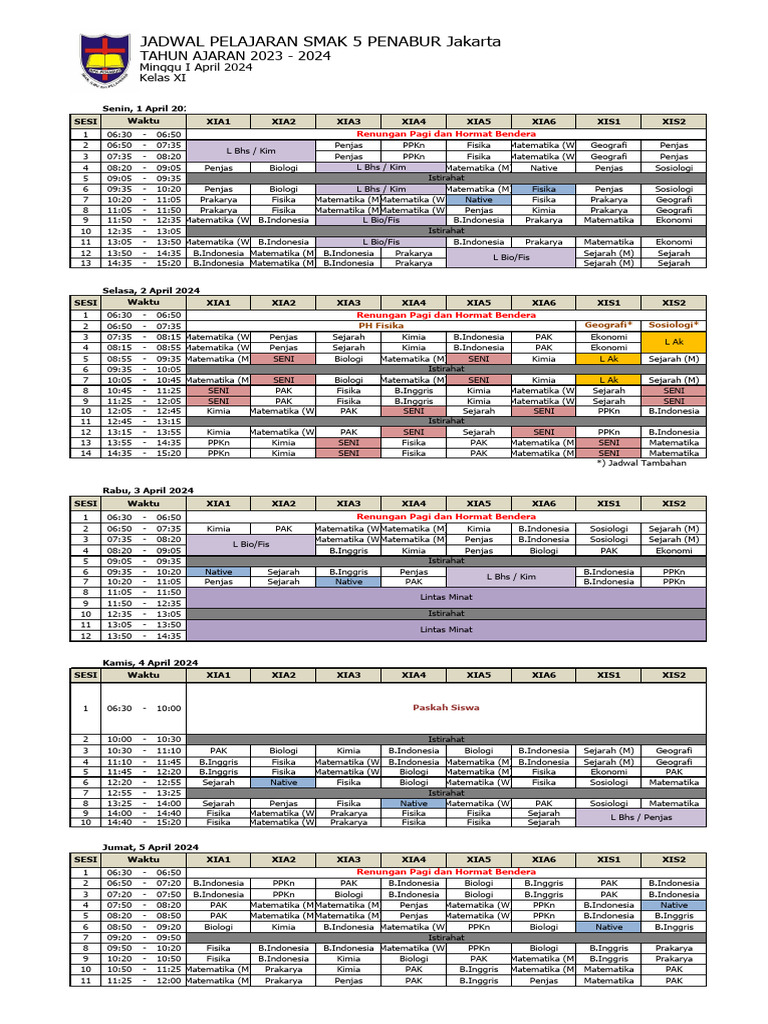 Jadwal Pelajaran Kelas XI Minggu I April 2024 | PDF | Ilmu Sosial ...