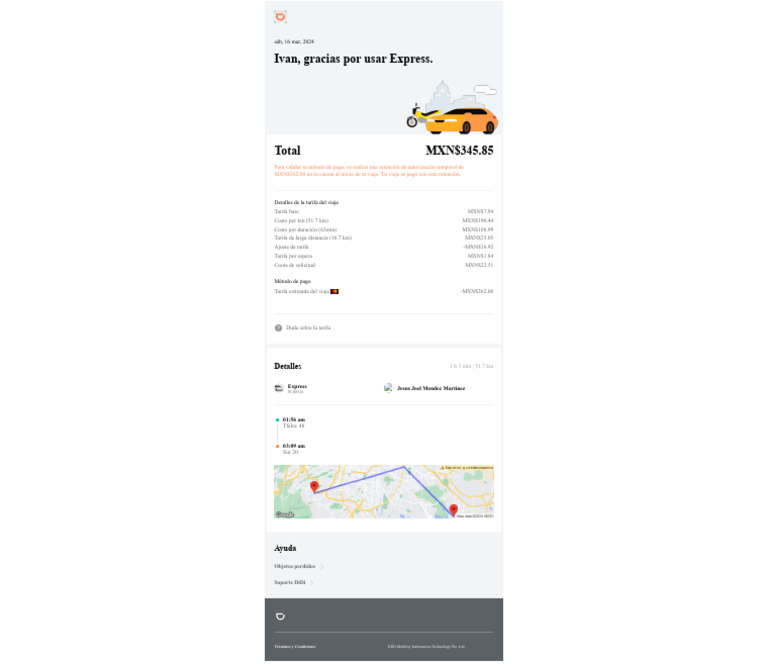 Recibo de viaje DiDi: detalles y tarifas | PDF