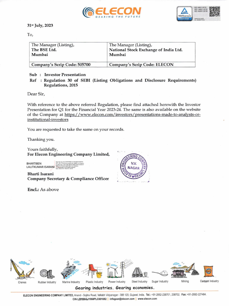 Elecon Engineering Q1 2023 Investor Presentation | PDF | Gear | Cement