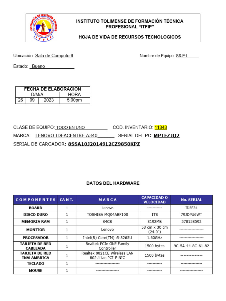 Hoja de Vida Equipos Lenovo A340 | PDF | Controlador de interfaz de red ...