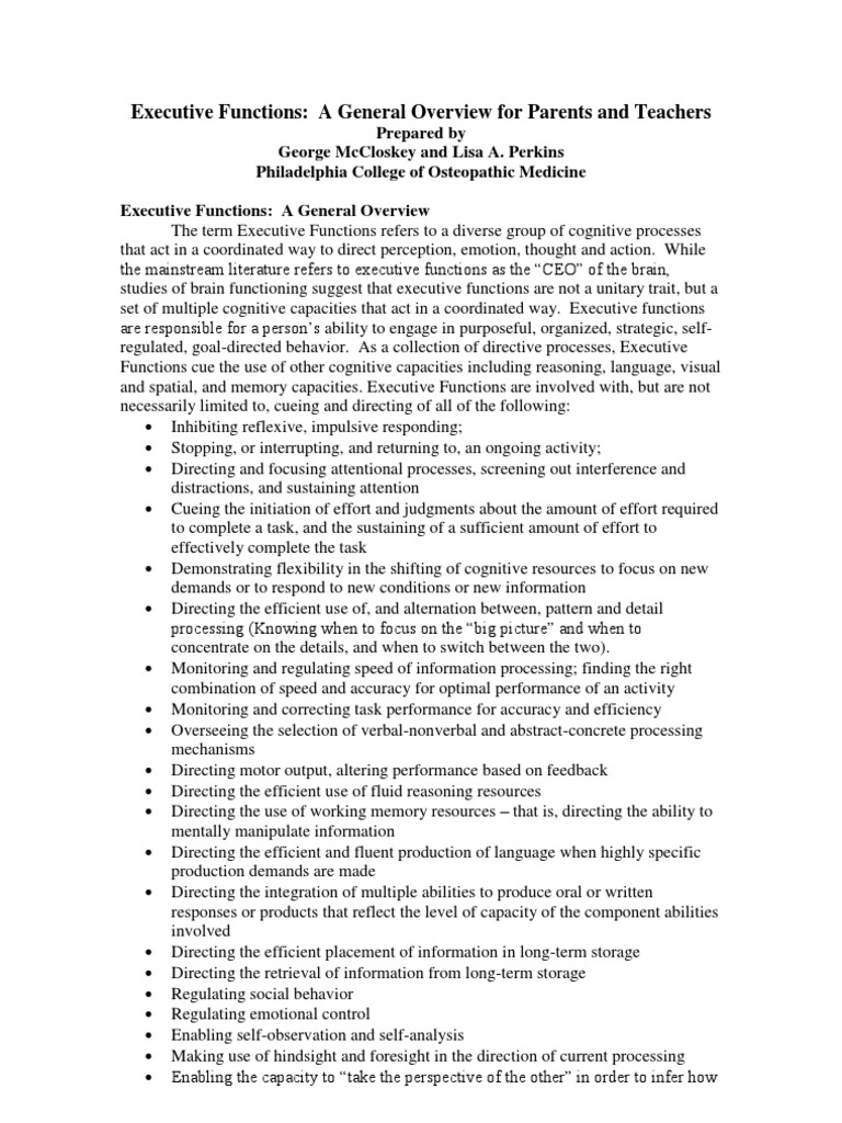 Executive Functions PDF Executive Functions Diagnostic And