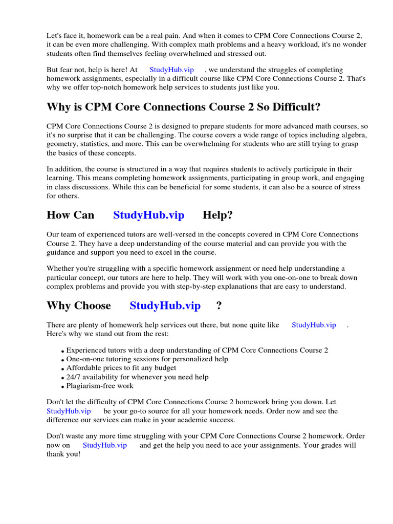 CPM Core Connections Course 2 Homework Help | PDF | Homework | Essays