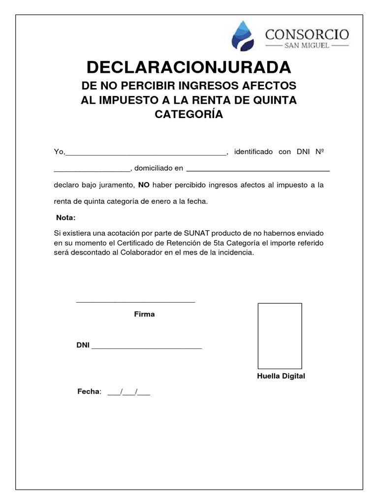 Declaración Jurada de No Ingresos 5ta Categoría | PDF