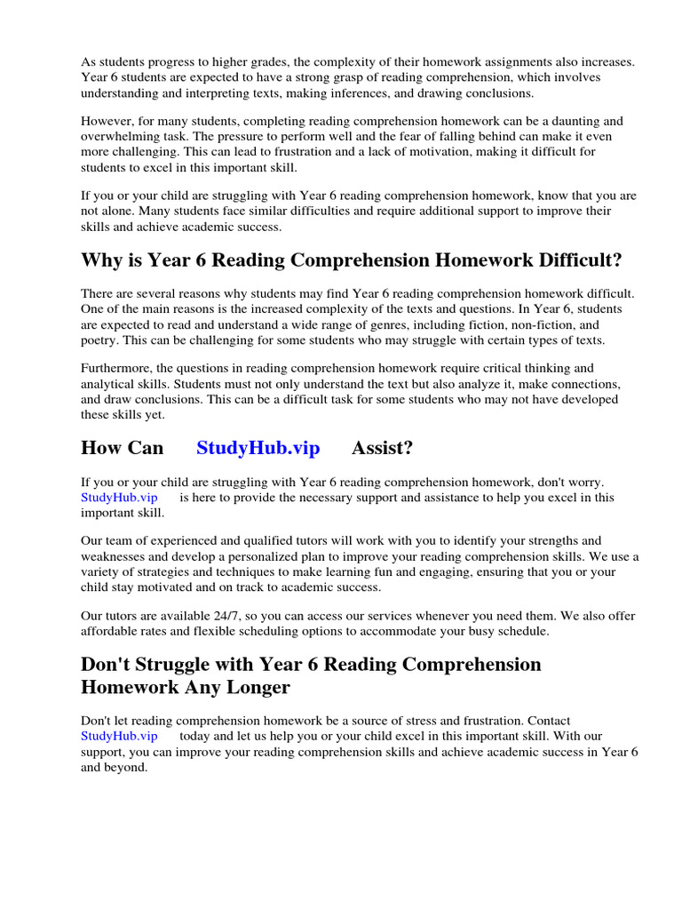 Reading Comprehension Homework Year 6 | PDF | Reading Comprehension