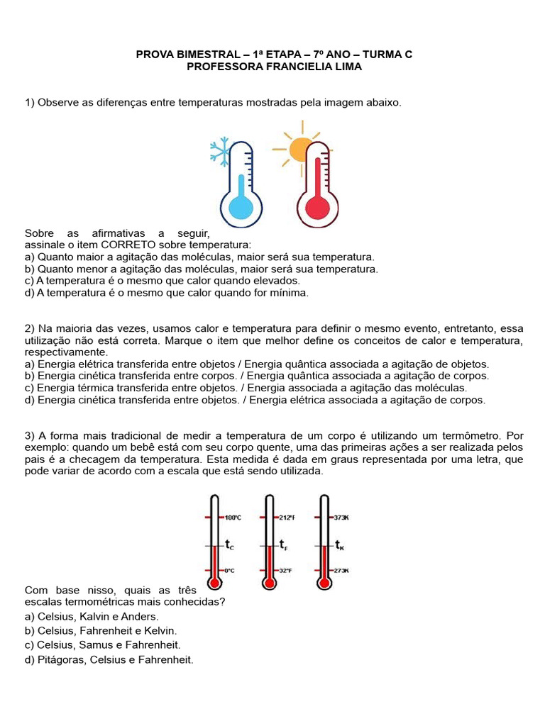 Prova de Ciências: Calor e Máquinas Térmicas | PDF | Temperatura ...