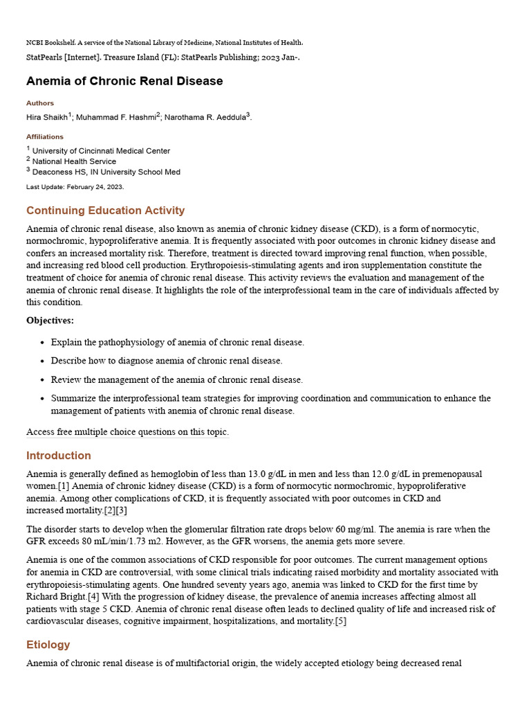 Anemia of Chronic Renal Disease Overview | PDF | Anemia | Chronic ...