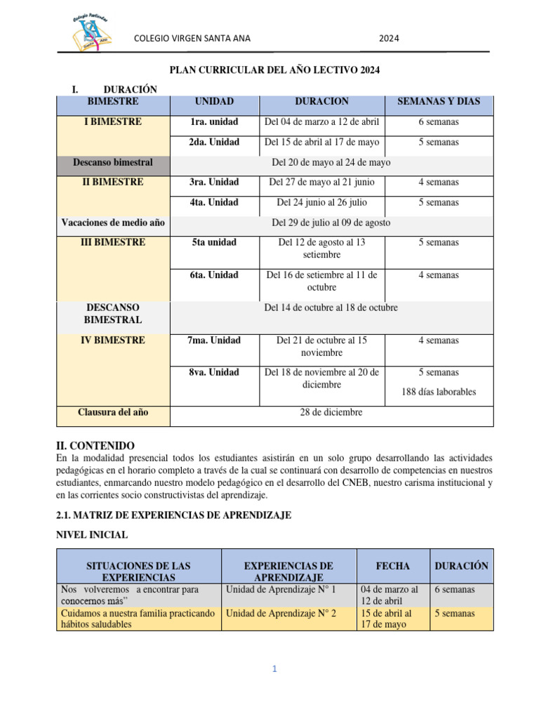 Plan Curricular 2024 Colegio Virgen Santa Ana | PDF | Aprendizaje ...