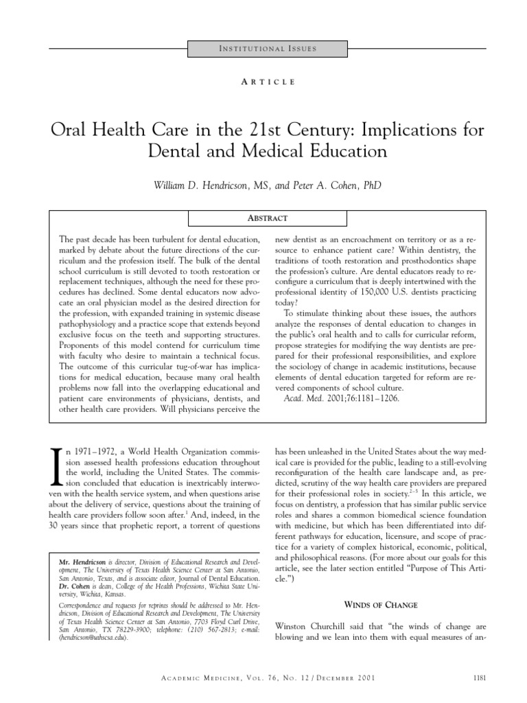 Oral Health Care in The 21st Century: Implications For Dental and ...